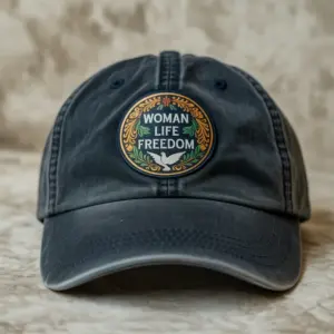 Black distressed cap with circular badge, decorative leaves and dove, featuring text Woman Life Freedom.