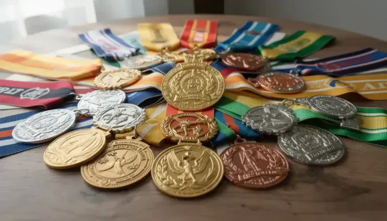 A vibrant collection of custom medals featuring various shapes and finishes, including gold and silver, is elegantly displayed on a table, each adorned with colorful ribbons. These personalized awards serve as keepsakes for winners at community events, showcasing achievements and dedication.