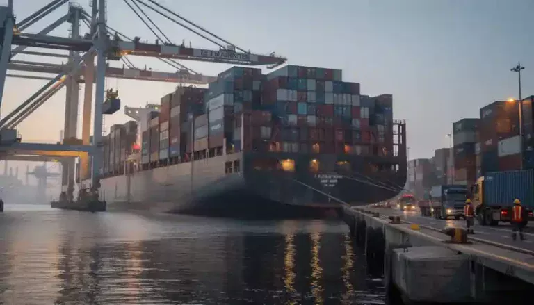 A large cargo ship, heavily loaded with colorful shipping containers, is docked at a busy port, surrounded by cranes and workers. The scene captures the hustle of shipping activities, symbolizing the movement of goods and achievements in global trade.