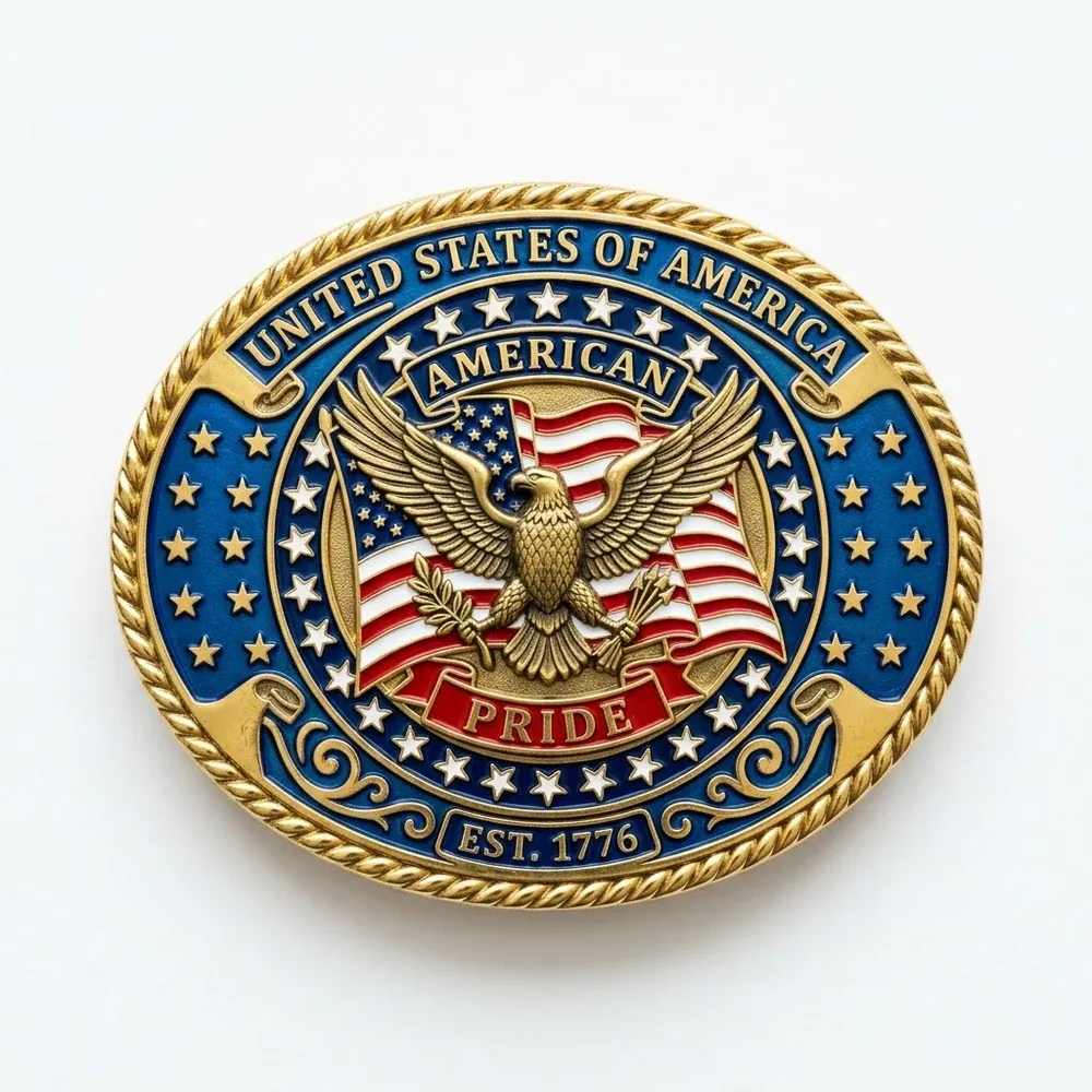 Round vintage style buckle with eagle, stars and stripes, and text American Pride USA Est 1776.