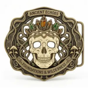 Ornate skull belt buckle with crystal crown, mushrooms and intricate gothic patterns, Ancient Echoes design.