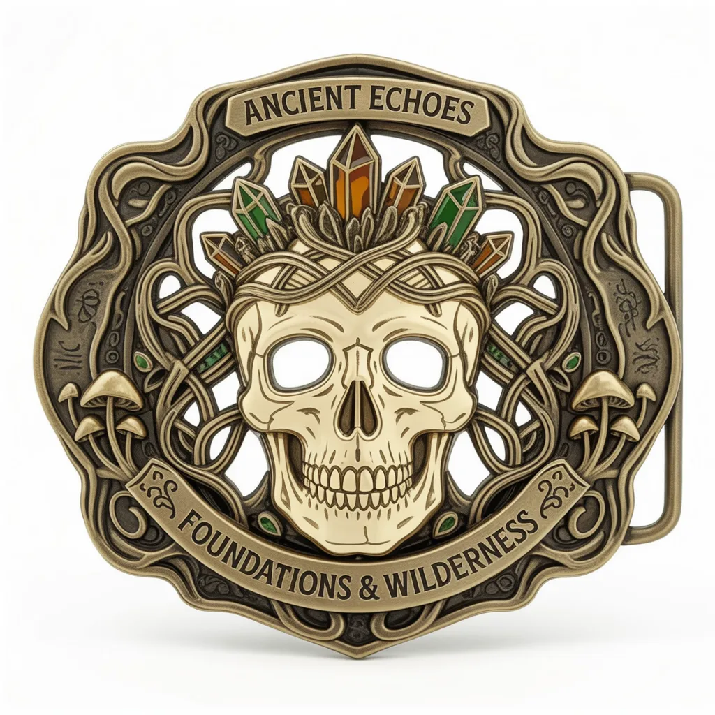 Ornate skull belt buckle with crystal crown, mushrooms and intricate gothic patterns, Ancient Echoes design.