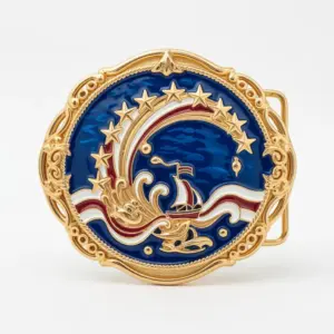 Cabo Verde flag design belt buckle featuring stars and a sailing ship in golden detailing.