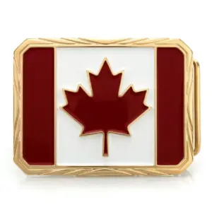 Gold buckle featuring Canadian flag with a red maple leaf in the center.