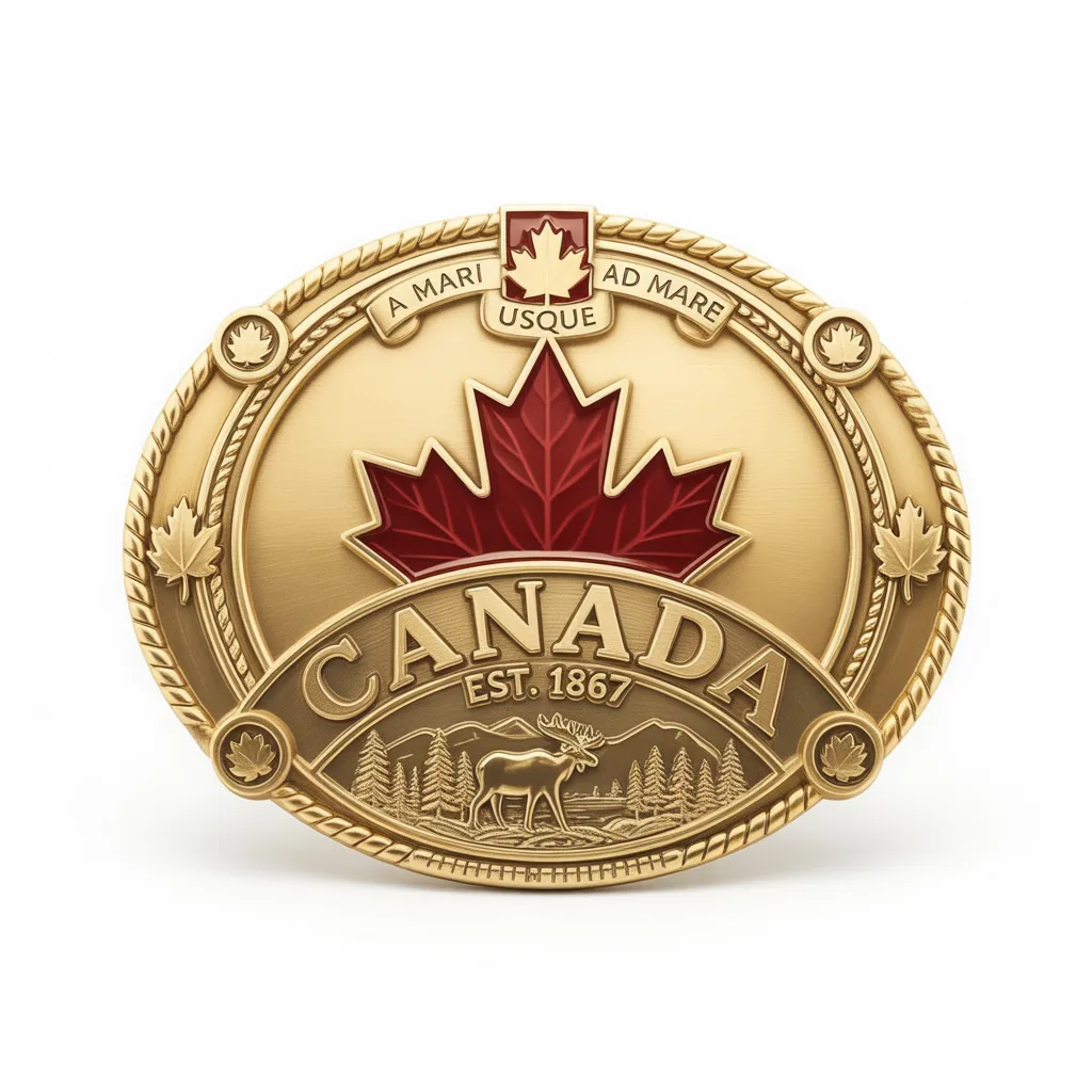 Gold tone belt buckle with large maple leaf, Canada text and wilderness scene with moose and trees.