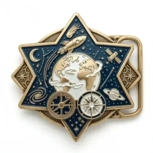 Star shaped belt buckle featuring Earth globe, rocket, satellite and celestial navigation elements with compass details.