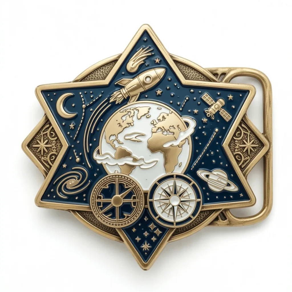 Star shaped belt buckle featuring Earth globe, rocket, satellite and celestial navigation elements with compass details.