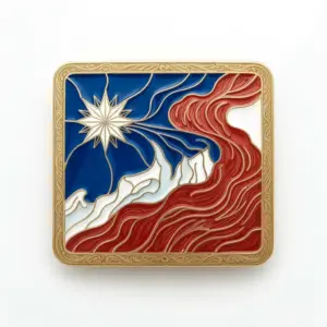 Rectangular gold buckle with stylized Chile landscape showing star, mountains and flowing red terrain.
