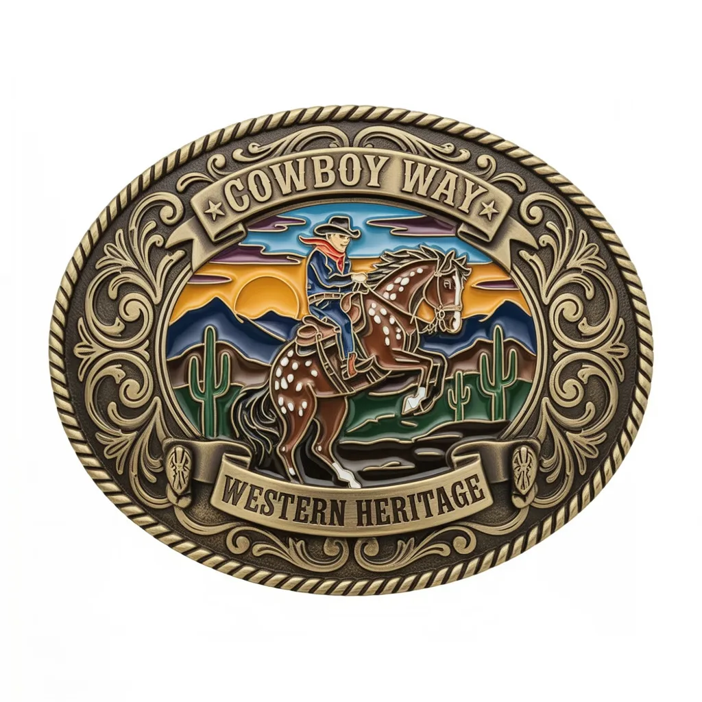 Western belt buckle featuring cowboy riding a horse with desert landscape, mountains and cactus, Cowboy Way design.