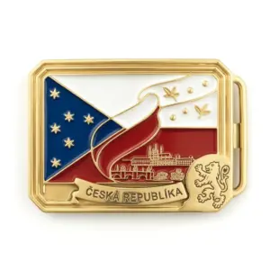 Gold belt buckle featuring a lion crest over the Czech flag with "Czechia Hrdost Legacy" inscription.