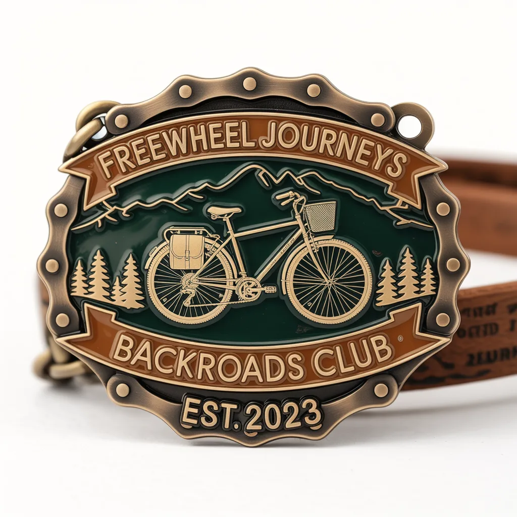 Detailed buckle with touring bicycle, mountains and trees, text Freewheel Journeys Backroads Club Est 2023.