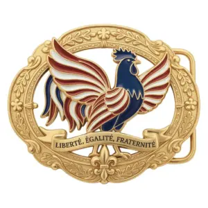 Gold buckle with stylized rooster in blue white red and banner reading liberte egalite fraternite.