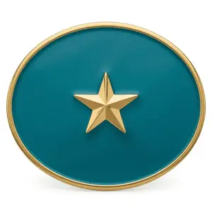 Minimal oval buckle with single gold star centered on teal enamel background.