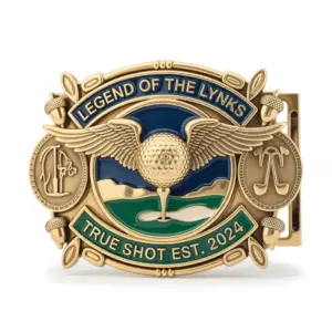 Golf belt buckle featuring winged golf ball, landscape scene and Legend of the Links True Shot design.