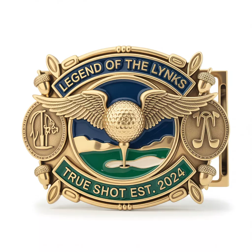 Golf belt buckle featuring winged golf ball, landscape scene and Legend of the Links True Shot design.