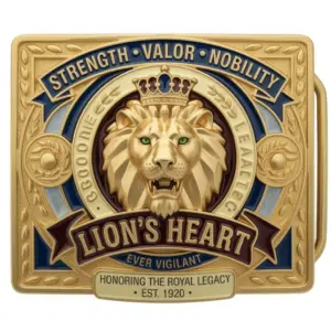 Ornate lion buckle with crown, green eyes and text strength valor nobility and lion’s heart royal theme.