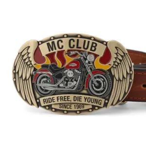 Vintage brass belt buckle with motorcycle, wings, and text MC Club Ride Free Die Young Since 1969.