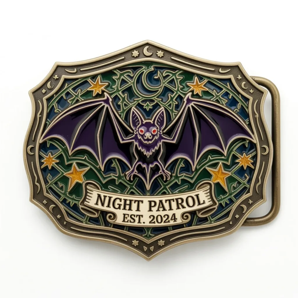 Colorful belt buckle featuring a bat with wings spread against a starry night sky with Night Patrol text.