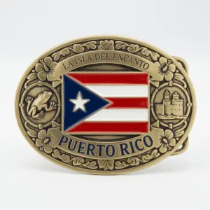 Ornate Puerto Rico belt buckle with flag, frog and fort icons surrounded by floral decorative border.
