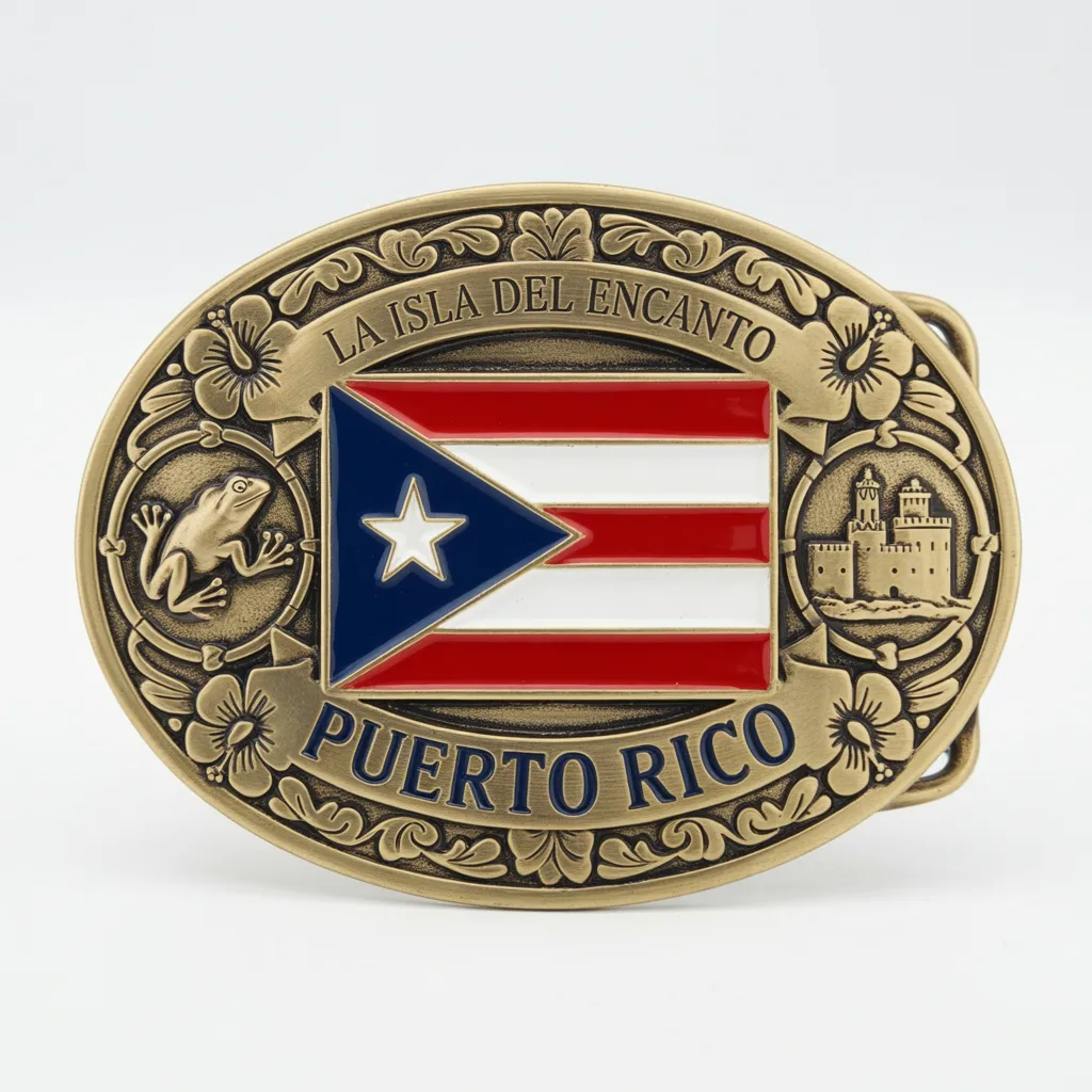 Ornate Puerto Rico belt buckle with flag, frog and fort icons surrounded by floral decorative border.