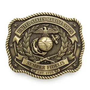 Vintage style Marine Corps belt buckle featuring eagle globe and anchor emblem with Semper Fidelis motto and 1775 founding year.