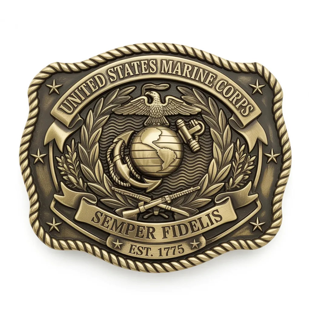 Vintage style Marine Corps belt buckle featuring eagle globe and anchor emblem with Semper Fidelis motto and 1775 founding year.