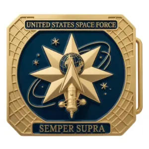 Square Space Force buckle with large star, globe center, orbital path and satellite details in gold and navy colors.