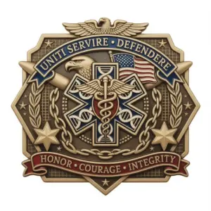 Gold EMS belt buckle featuring eagle, caduceus medical symbol, American flag and text honor courage integrity.
