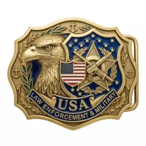 Patriotic belt buckle with eagle head, American flag shield and law enforcement military insignia in gold and blue.