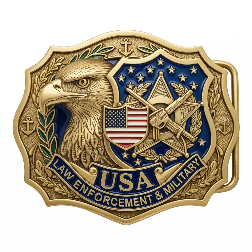 Patriotic belt buckle with eagle head, American flag shield and law enforcement military insignia in gold and blue.