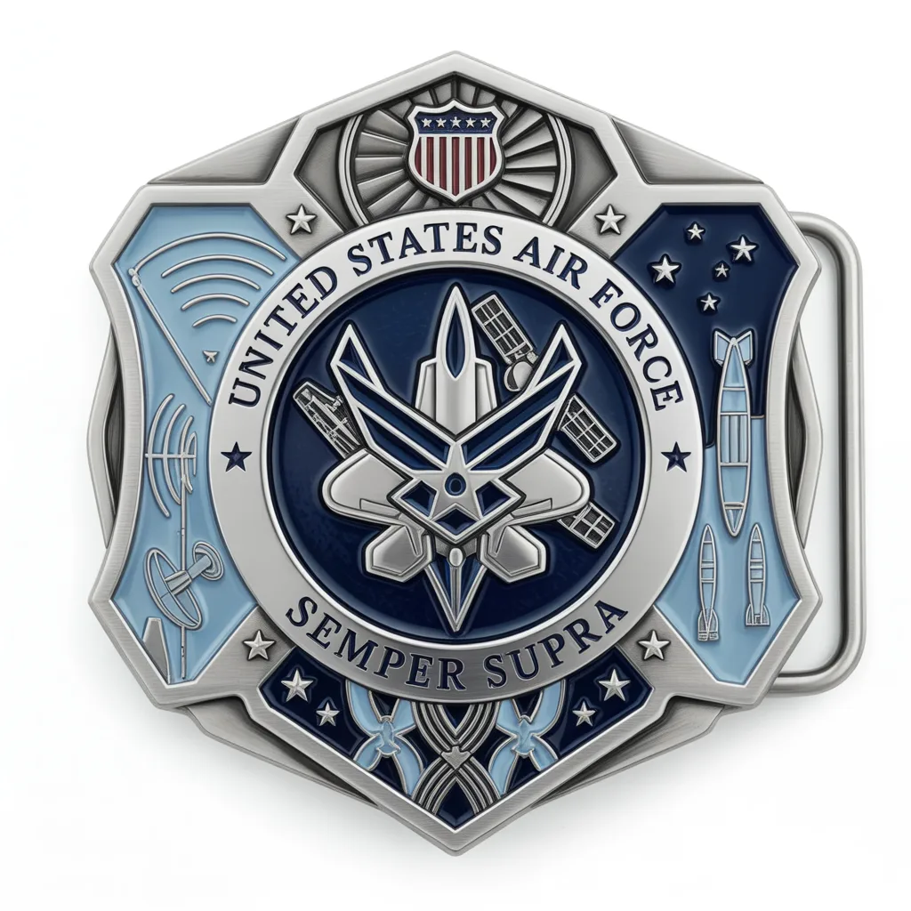 Silver and blue belt buckle featuring United States Air Force emblem with wings, satellite and space themed elements.
