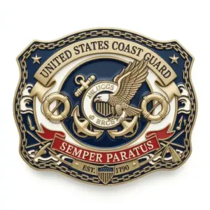 Coast Guard themed belt buckle with eagle, anchors, lifebuoys and rope details symbolizing maritime rescue and service.
