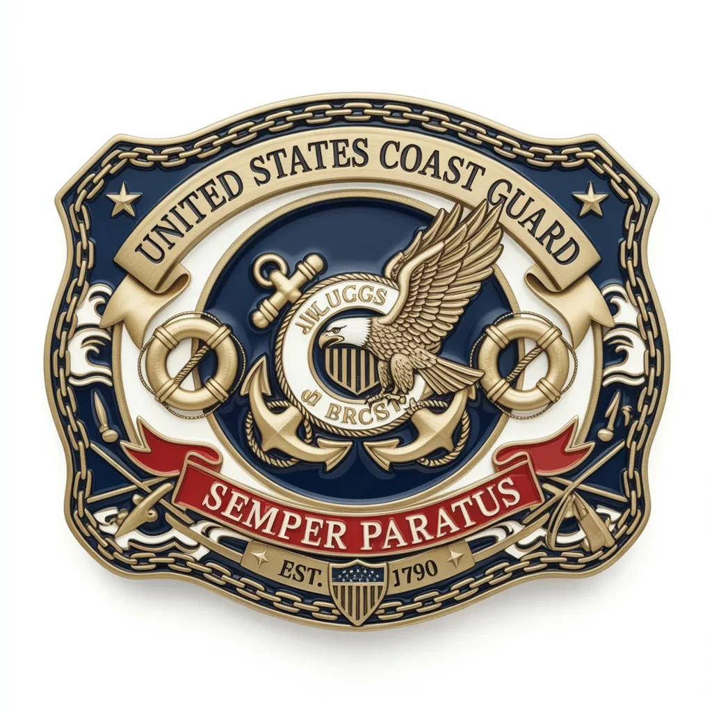 Coast Guard themed belt buckle with eagle, anchors, lifebuoys and rope details symbolizing maritime rescue and service.