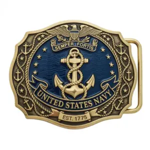 Navy themed belt buckle featuring anchor wrapped with rope and Semper Fortis text on blue background.