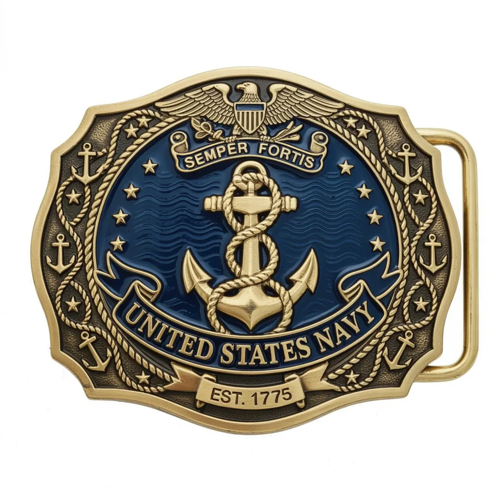 Navy themed belt buckle featuring anchor wrapped with rope and Semper Fortis text on blue background.