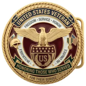 Gold veteran buckle with eagle crest, shield, medals and text honoring those who served for their service.