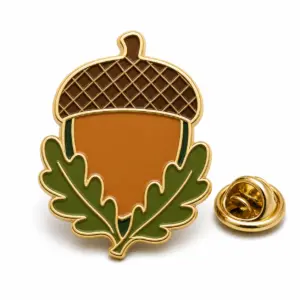 Acorn-shaped oak leaf enamel badge with flat enamel sections, gold metal dividers, and butterfly clutch.