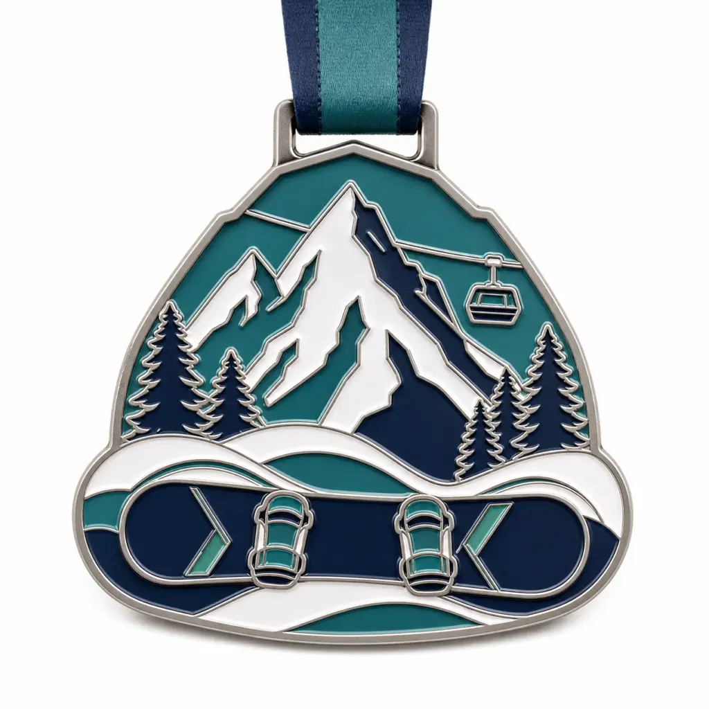 Insignia de snowboard alpino: medalla de snowboard de esmalte blando con contornos metálicos plateados en relieve, detalles de montañas en verde azulado y blanco, y un lazo de cinta integrado sobre fondo blanco.