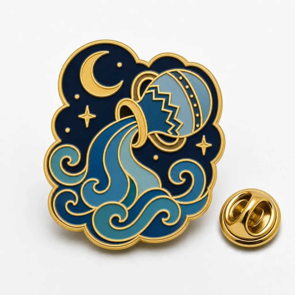 Badge en émail souple pour le porteur d'eau du Verseau avec cruche, vagues bleues, lune, étoiles, séparateurs dorés et pochette papillon.