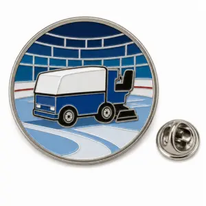 Custom arena ice resurfacer soft enamel pin with vehicle body, rink details, raised metal outlines, and butterfly clutch.