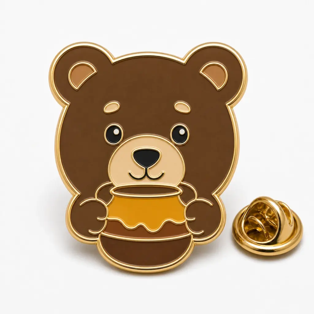 Badge en émail doux représentant un ours tenant un bol de miel, des alvéoles en émail brun et jaune et une pochette à papillon.