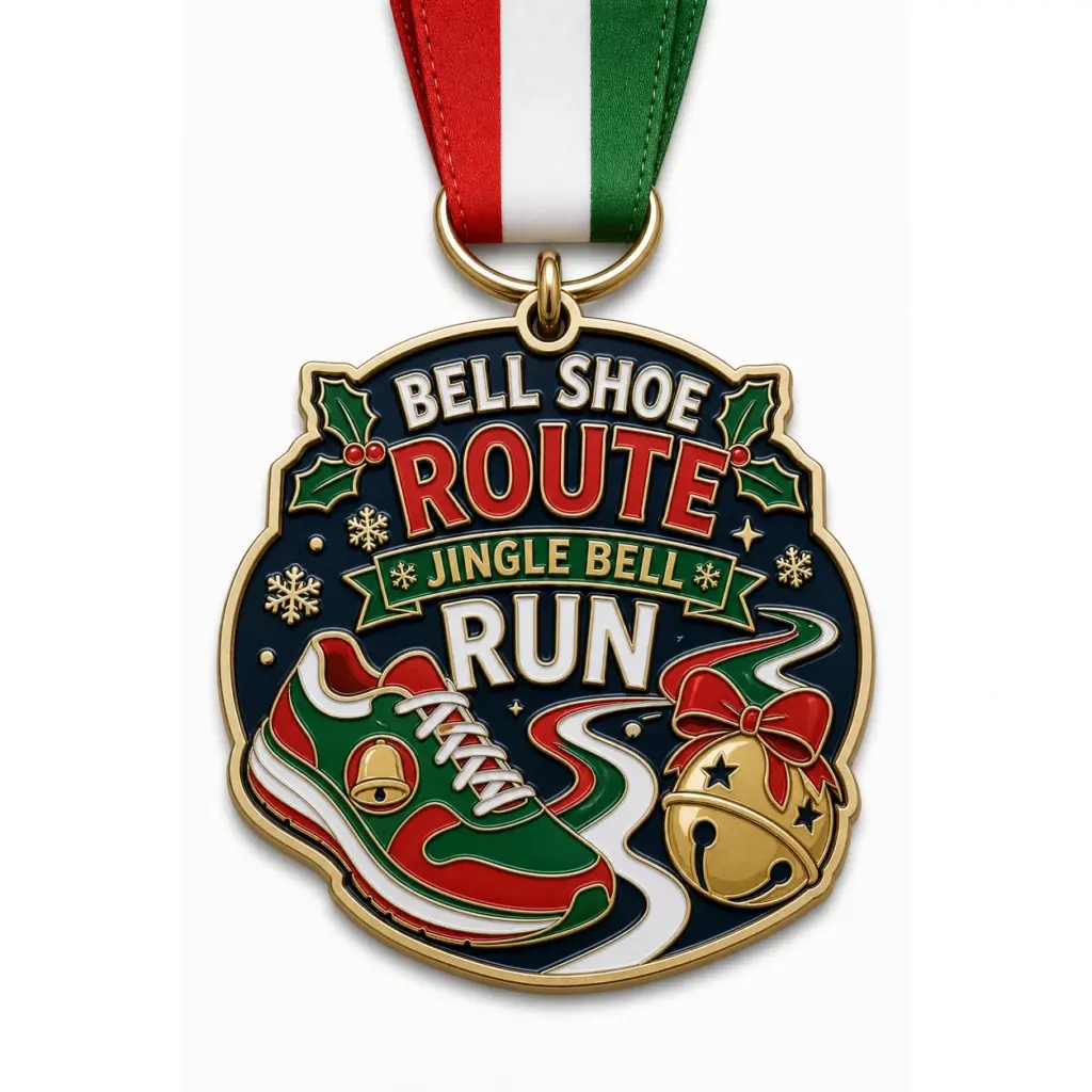 Medalla de la carrera «Jingle Bell Run» con diseño de zapatillas y cascabeles: medalla de esmalte blando con separadores metálicos en relieve, rellenos de esmalte brillante, cinta incorporada y fondo blanco de estudio.