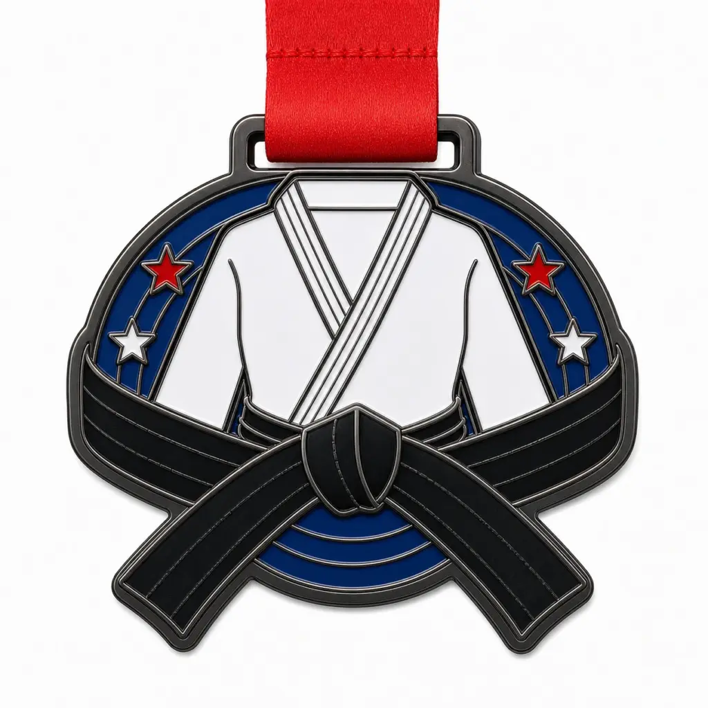 Belt knot Judo Medal soft enamel medal with black nickel metal outlines, red ribbon, black belt knot outer shape, white gi panels, blue tatami arcs, star accents, and white background.