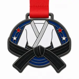 Belt knot Judo Medal soft enamel medal with black nickel metal outlines, red ribbon, black belt knot outer shape, white gi panels, blue tatami arcs, star accents, and white background.