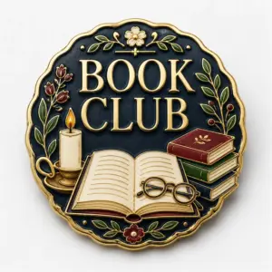 Black candle Book Club enamel pin with gold metal outline, scalloped round black background, open book, reading glasses, candle, stacked books, floral leaves, and large Book Club lettering on a white background.
