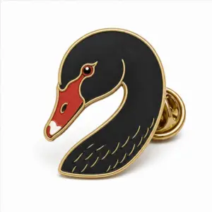 Custom black swan head soft enamel pin with raised metal outlines and butterfly clutch on a white background.