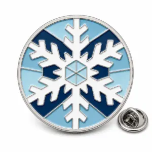 Custom blizzard snowflake soft enamel badge with silver outlines and butterfly clutch on a white background.