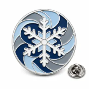 Custom blizzard snowflake soft enamel pin with silver outlines and butterfly clutch on a white background.