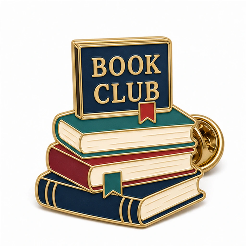 Custom book club stack soft enamel pin with raised metal outlines and butterfly clutch on a white background.
