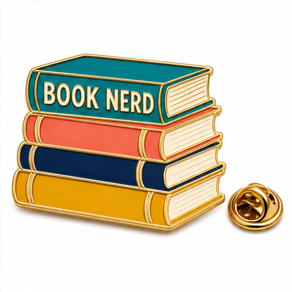 Custom book nerd stack soft enamel pin with raised metal outlines and butterfly clutch on a white background.